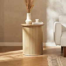mopio Quin Pedestal Side Table, Tambour Round Fluted End Table, Light Oak