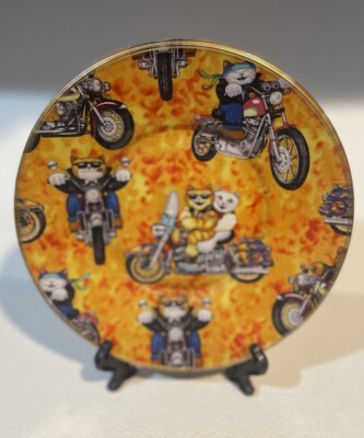 Decorative 8  Plate With Cats on Motorcycles (fabric/ decoupage) Orange w/Holder