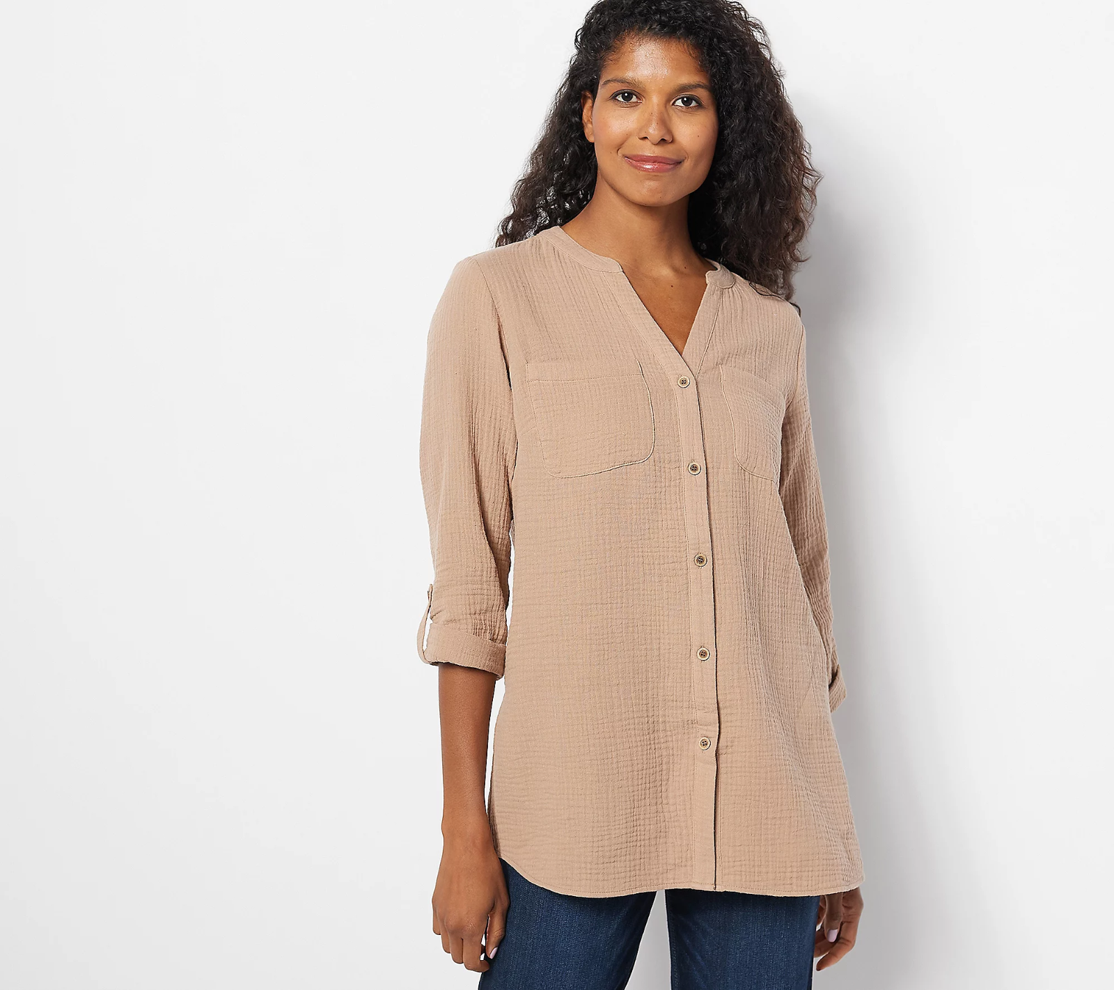 Susan Graver Regular Crinkle Gauze Button Front Shirt Brown Taupe M