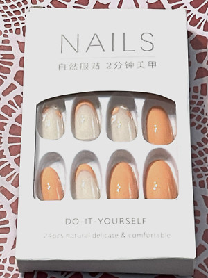 Nails Do It Yourself MILKY WHITE with PEACH FRENCH TIP & FLORAL DETAIL Press On