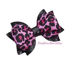 Dog hair bows pink black glitter animal print bow band or barrette clip fb478