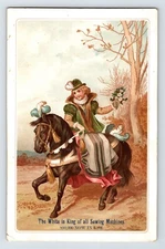 White Sewing Machine Lady Horse Side Saddle 1890s Victorian Trade Card 6" x 4"