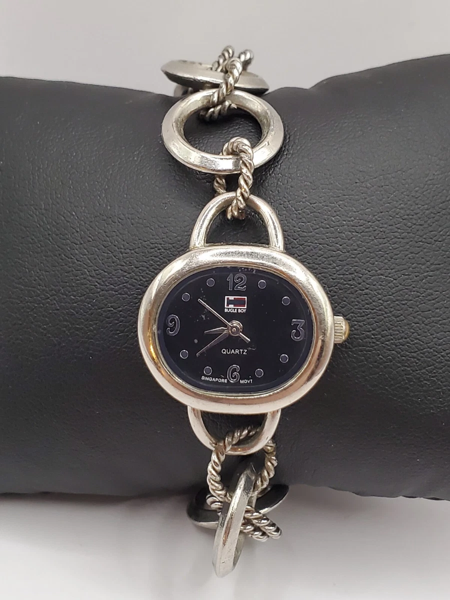 Bugle Boy Ladies Quartz Watch 27mm Oval Silver Tone Metal Link Bracelet Band