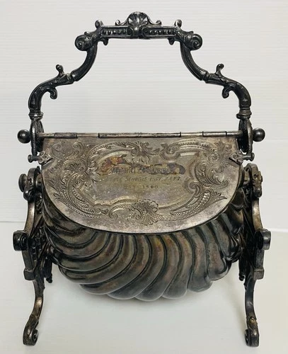 Highly Ornate Antique Engraved Silver Plated Twin Lid Sugar Scuttle Large