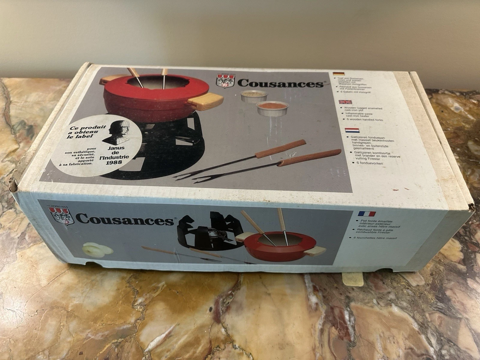 Cousances Le Creuset Fondue Pot Set Enameled Cast Iron Black NIB France Vtg
