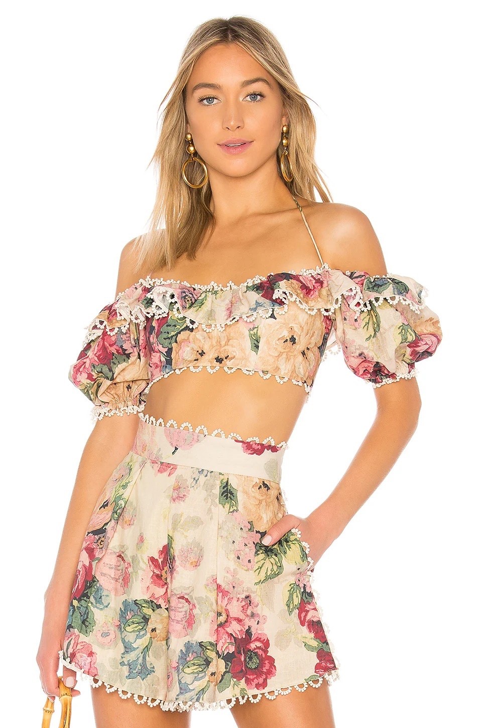 ZIMMERMANN $355 Melody Runway Off-Shoulder Linen Floral Ruffle Crop Top XS 0-2