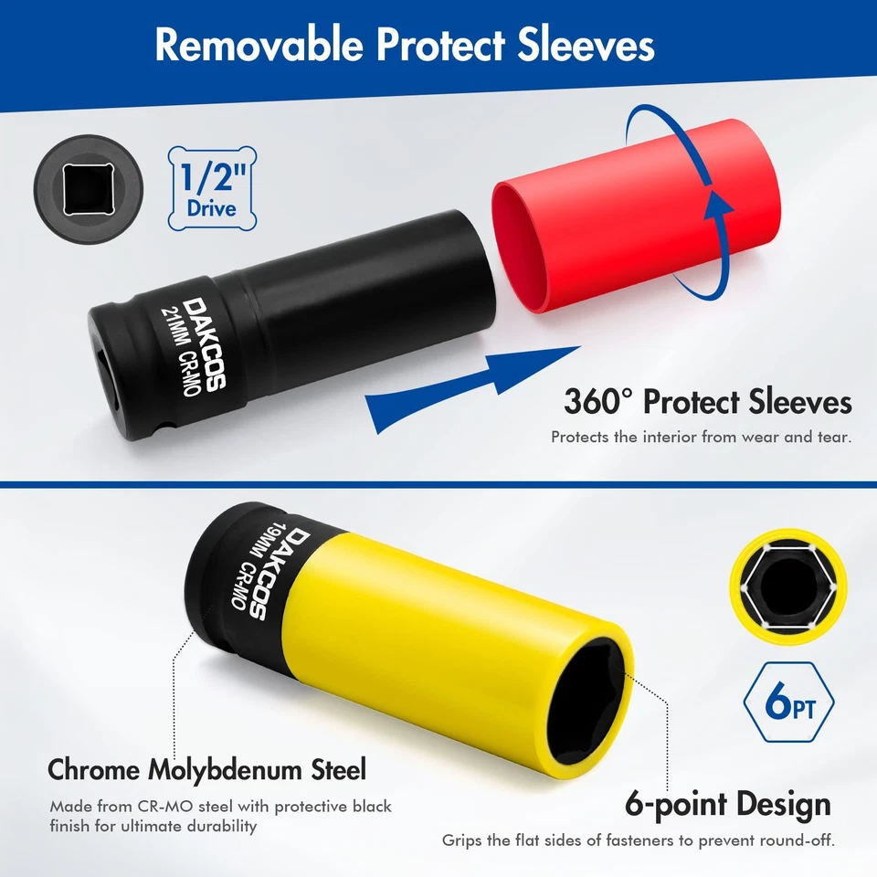 DAKCOS 1/2" Drive Impact Lug Nut Socket Set, 5PCS, 17 19 21MM & 13/16 7/8INCH - Image 3 of 4