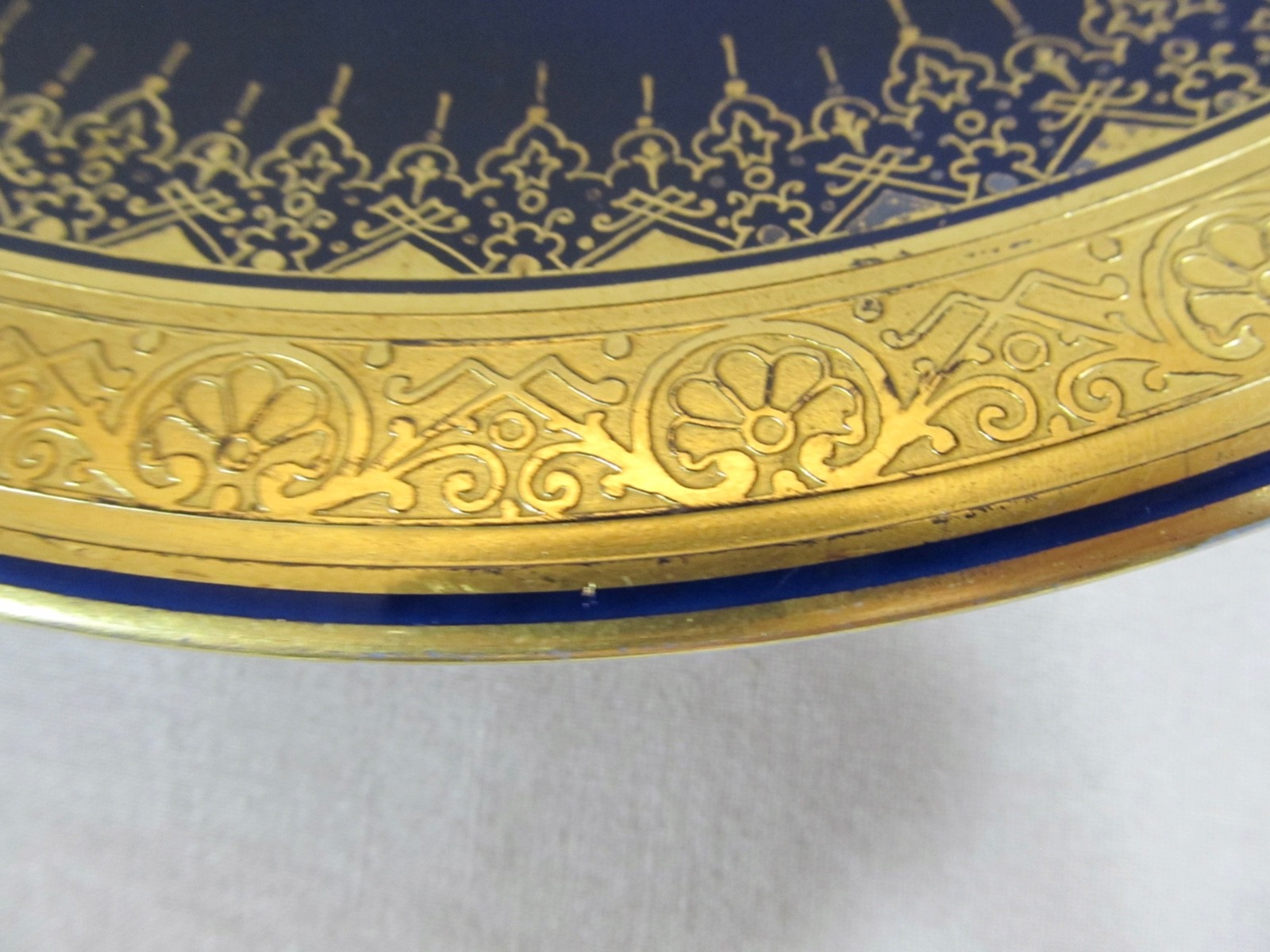 Antique Hand Painted Cobalt Blue Gold Encrusted Cabinet Plate Signed L. Saquet