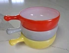 3 VTG Glasbake Bowls w/ Handle Milk Glass J-314 Red Yellow Gray USA Made   A4