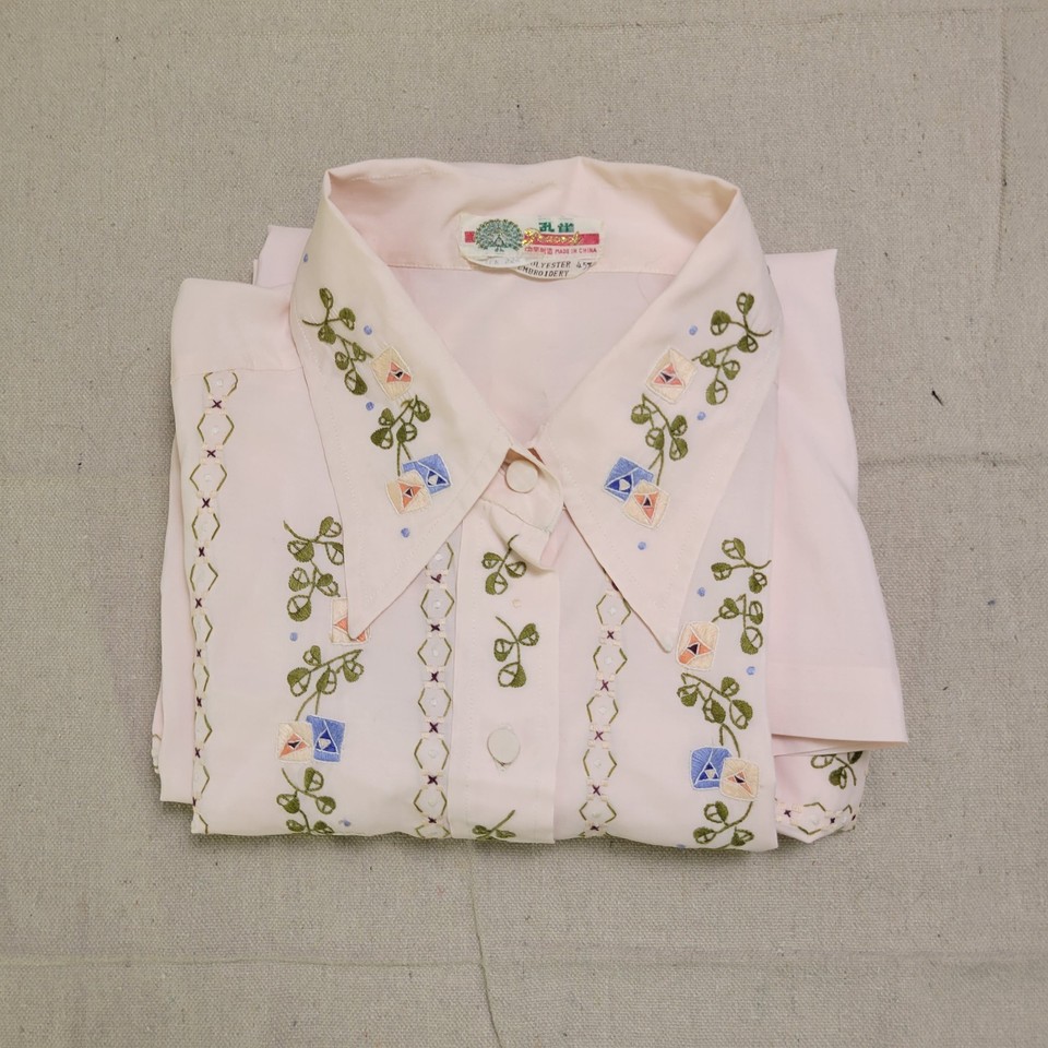 VTG 60s Peacock Blouse Women's Sz 36 Pink Silk Blend Embroidered Sheer ...