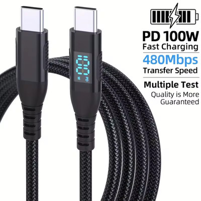 PD 100W 5A USB C to USB C Cable Fast Charging Cord LED Display Type-C Charger