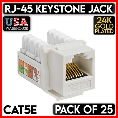 White RJ45 Keystone Jack Ethernet CAT5e Cat5 UTP 110 Punch Down Network 25 Pack