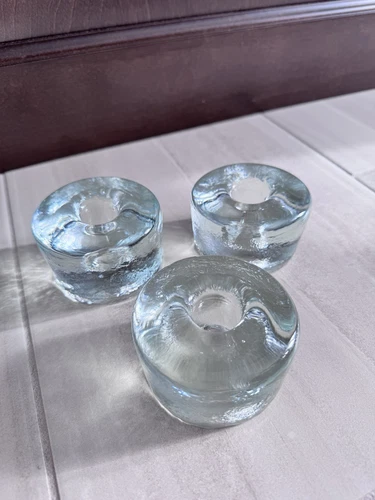 Blenko Clean Round Glass Candle Holders Set 3