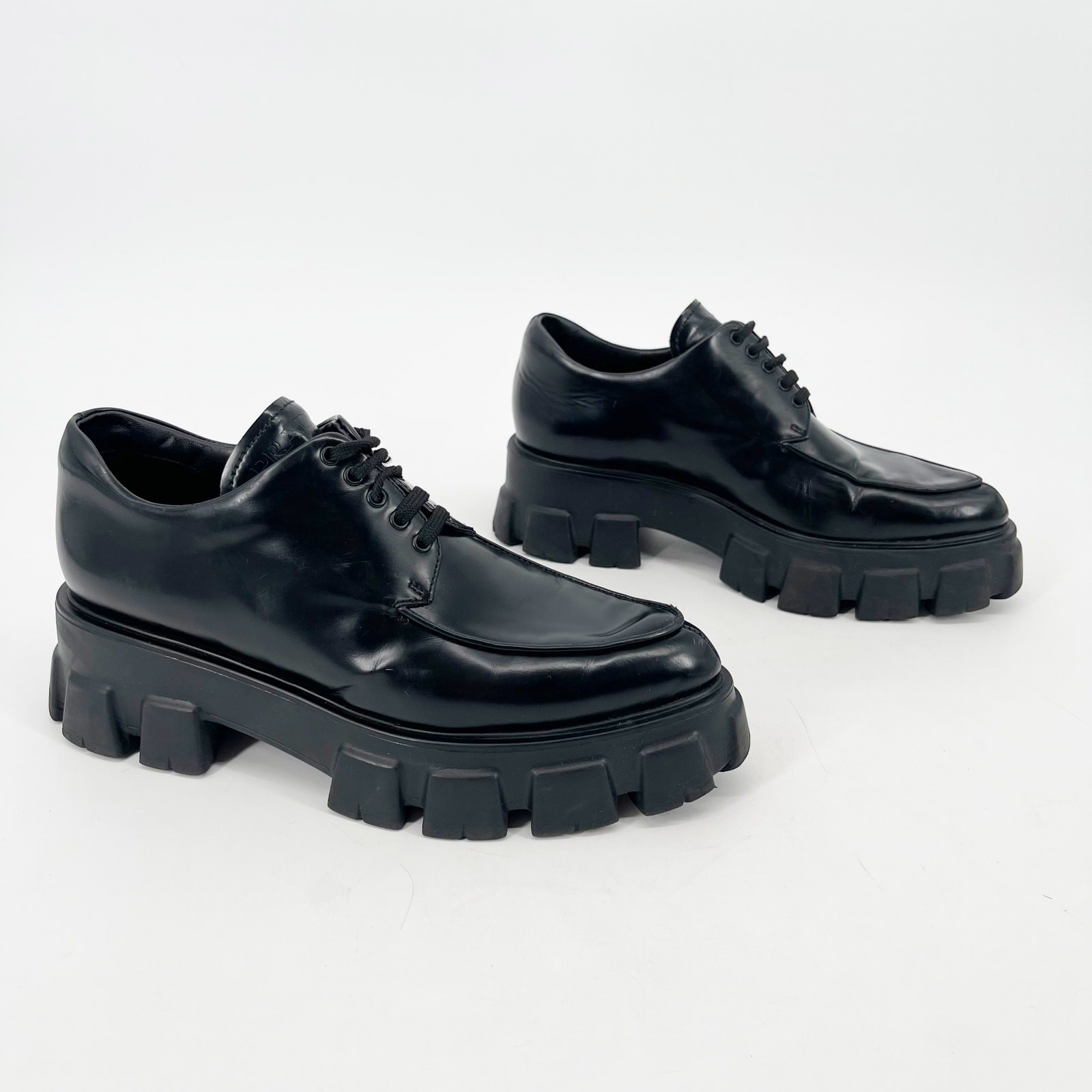 Prada Black Brushed Leather Lace Up Chunky Monolith Derby Oxford Loafer IT 39 thumbnail 2