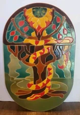 Vintage Hand Painted Wood Laser Wall Art Garden of Eden Snake In Tree  14x9 In 