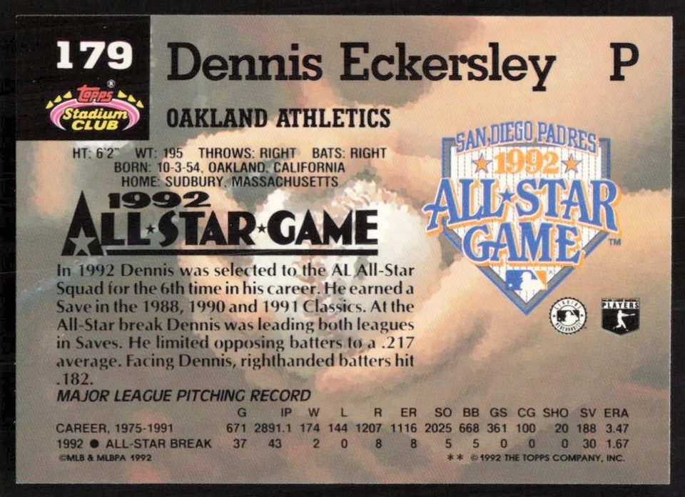 1993 Topps Stadium Club Murphy #179 Dennis Eckersley Oakland Athletics - Image 2 of 2