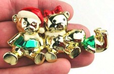 Vintage AJC Christmas Teddy Bear Brooch Retro Designer Holiday Pin   *R22