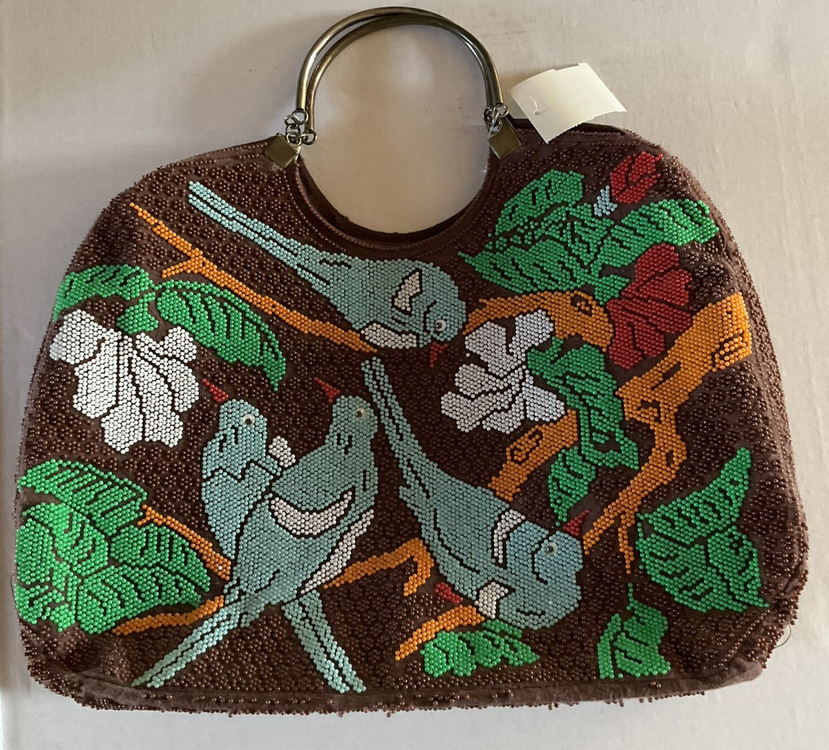 Vintage Beaded Handbag Bird Motif Multicolor Purse large