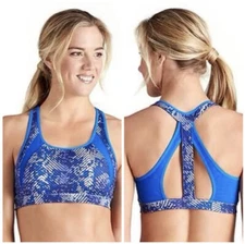 Athleta Sports Bra Revolver Sting Stunner Cutout Racerback Blue Stripe Size XS