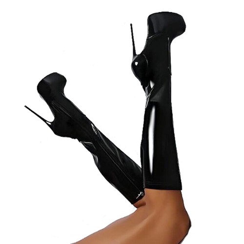 Damen Plateau Stilettoabsatz Lackleder Kniehoch Stiefel Nachtclub High Heels - Picture 2 of 6