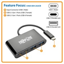 Tripp Lite USB C Hub Adapter Portable w 2x USB Type C  2x USB-A Black