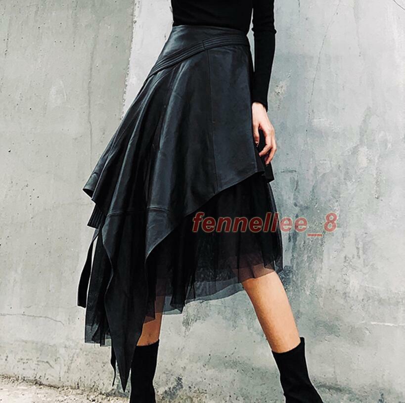 Women Punk Asymmetrical PU Leather Skirt Gothic High Waist Mesh A