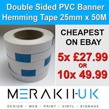 Double Sided Tape 25mm x 50m Strong Banners Clear Hem Hemming Sign x5 or x10