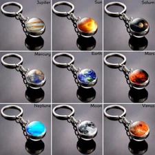 Glow in the Dark Galaxy System Keychain Double Sided Glass Dome Planet Keyring