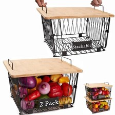 2 Pack Stackable Wire Storage Baskets with Wood Lid- Kitchen Countertop Organ...