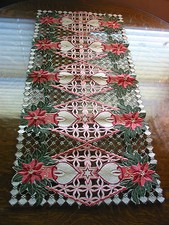 Christmas Embroidered Table Runner Cut Work Pink Poinsettia 16" x 36" Ecru NEW