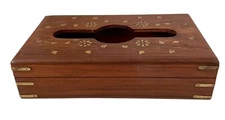 Vintage Wooden Tissue Box Napkin Holder Cover with Brass Inlay