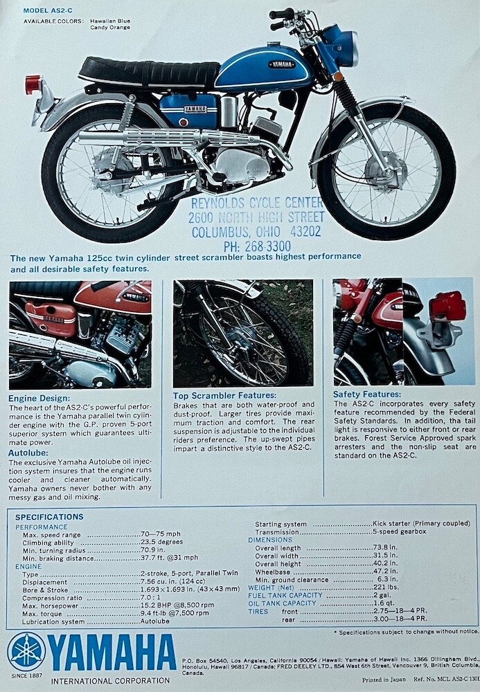 1969 Yamaha 125 Twin Street Scrambler AS2-C double-sided brochure