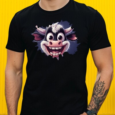 Mens Happy Cow Face Motif Cotton T-Shirt Size S to 5XL