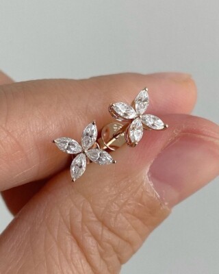 Flower Stud Earrings Marquise Cut Moissanite Simple Studs For Her Birthday Gifts