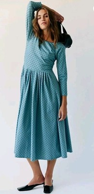 EUC Clean FREE PEOPLE Two Timin Midi Dress Women's Size Medium Blue Polka Dot