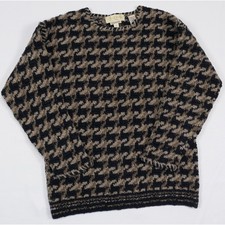 VTG Joseph Abboud Hand Knit Wool Silk Blend Houndstooth Sweater Navy Brown M
