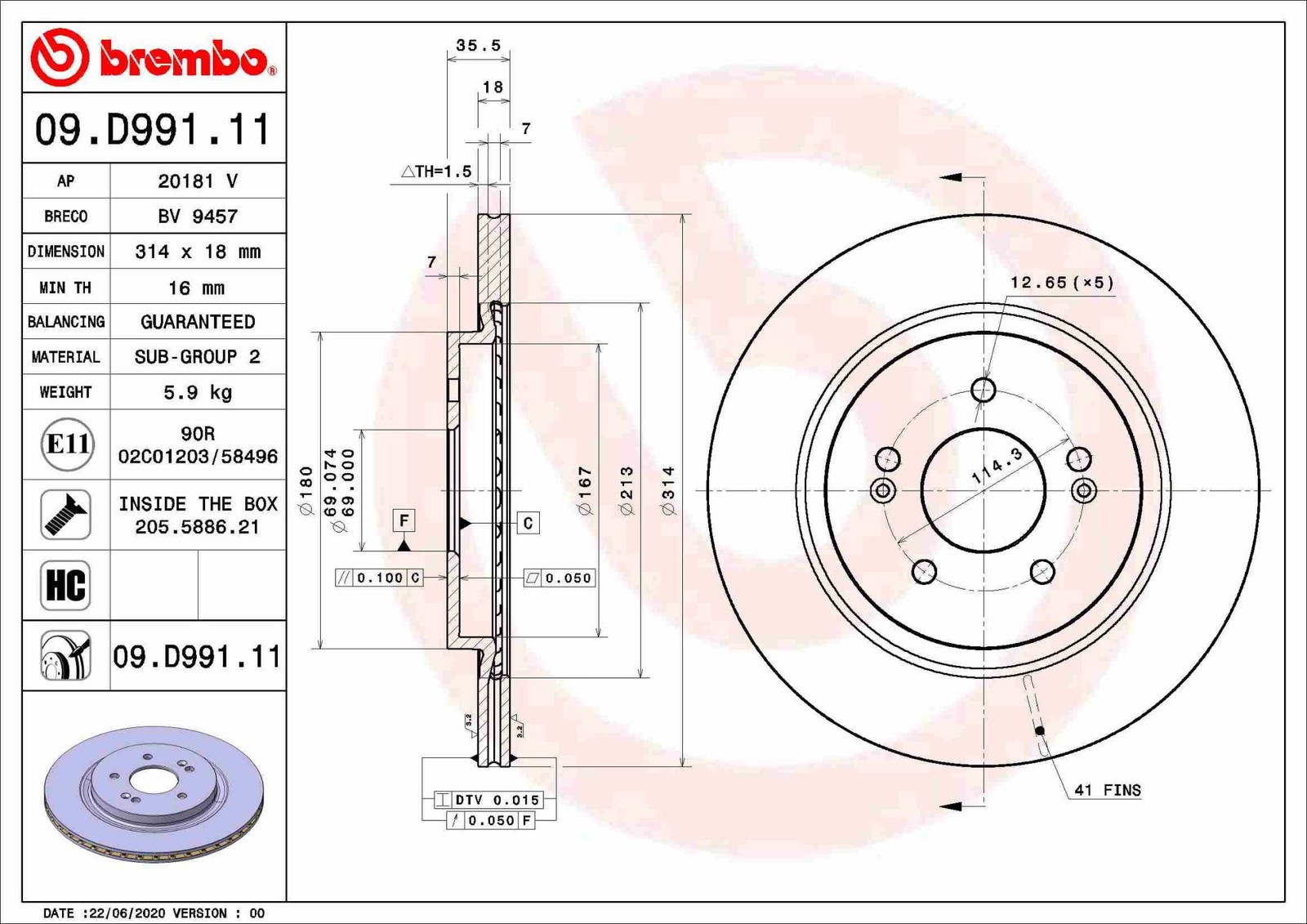 Disque de frein BREMBO 09.D991.11 pour des trajets sereins en famille avec HYUNDAI