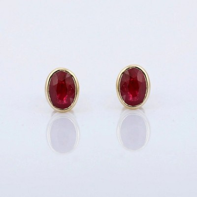 1ct Stud Earrings Natural Oval Ruby Bezel Set Solitaire 14k Solid Yellow Gold