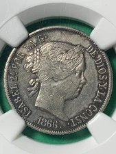 PHILIPPINES SPAIN 20 CENTAVO 1866 ISABEL II NGC AU DETAILS CLEANED KEY DATE RARE