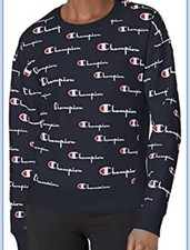 Champion Women  s Sm Reverse Weave Crew Sweatshirt Blue Logo Spellout Athleisure