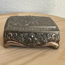 Vintage Trinket Jewelry Box 3.5" x 2.5" Silver Copper Tone Repousse Ornate Japan