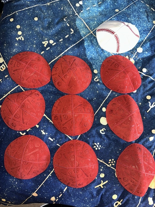 Collection Of 10 Red Suede Leather Baseball Themed Kippot Yarmulkes 