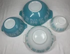 4 Pyrex VTG Amish Butterprint Cinderella Mixing Bowls Turquoise 441 442 443 44
