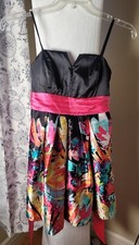 City Studio Party Dress Black & Colorful Floral Spag Strap Tie Around Waist Sz 7