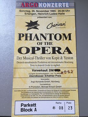 PHANTOM OF THE OPERA 1995 ERLANGEN  ++  ORIGINAL CONCERT - KONZERT - Ticket  