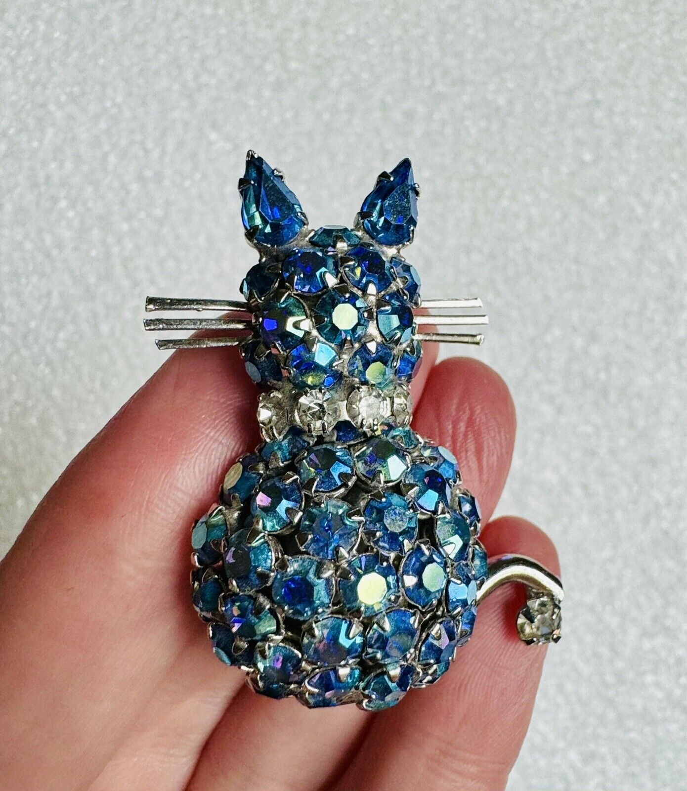 Vintage Signed WARNER Cat Pin Brooch Blue Aurora … - image 6