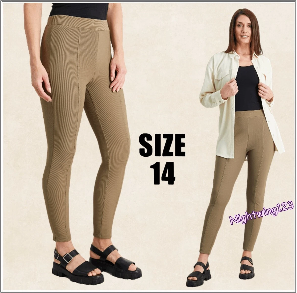 TU Size 14 Khaki Tan Brown Ottoman Leggings Ribbed Elasticated Waist  Trousers