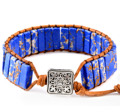 Royal Blue Lapis Lazuli Stone Chakra Bracelet Handmade Boho Leather E4