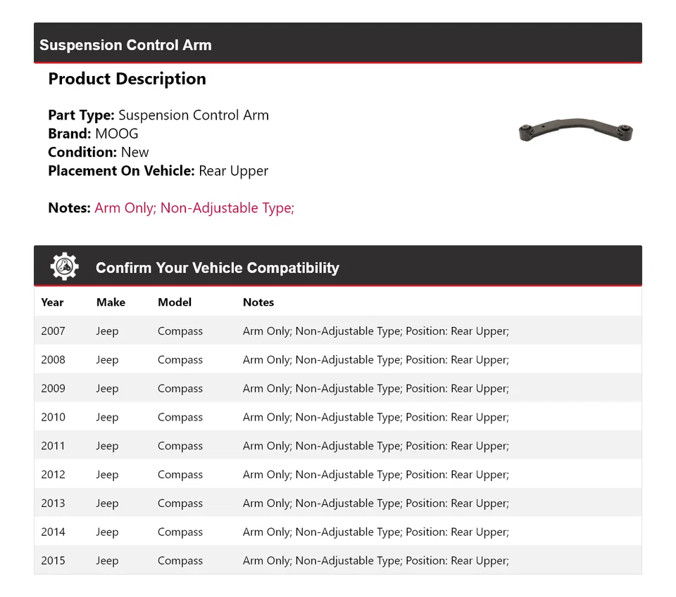 Brazo de control de suspensión trasero superior MOOG 2007-2015 2007 2008 2009 Jeep Compass Foto 2 de 4