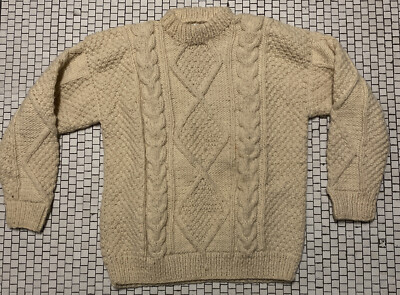 Vtg Chibcha Artesanias 100% Wool Cream Cable Sweater Ecuador  